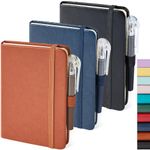 3 Pack Pocket Notebook Journals, Mini Small Leather Lined Journal Notebooks for Note Taking, Small Notepad with Pen Holder, Black, Brown, Blue