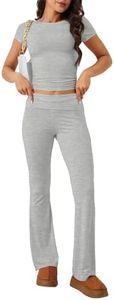 M_Eshop 2 Piece Set Women Outfit Lounge Sets Skims Short Sleeve Top And Flare Leggings Fold Over Yoga Pants Pajamas Set (CA/US, Alpha, Large, Regular, Regular, Light Gray)