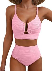 Herseas Women Bikini 2 Piece 2025 Vacation Cutout Bathing Suit Push Up Swimsuit Textured V Neck High Waisted Full Coverage Swimwear Pink XX-Large