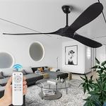 FISHMIX 72" Ceiling Fans without Lights, Solid Wood Ceiling Fan No Light with Remote Control Smart and Unique Modern Fan with 3 Blades, DC Motor Indoor Outdoor for Farmhouse and Gazebo, Matte Black