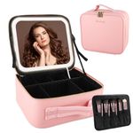 DaizySight Travel Makeup Bag with Led Light Mirror, Large Capacity Cosmetic Organizer Vanity Travel Case for Make up with Adjustable Compartment - Pink