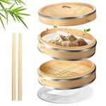 Flexzion Bamboo Steamer Basket Set (10 inch) with Stainless Steel Banding, 50 x Steamer Liners and 2 Pairs of Chopsticks, Steam Baskets for DimSum Dumplings, Rice, Vegetables, Fish and Meat