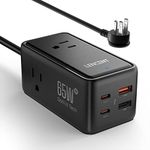 LENCENT 65W USB C Charger, GaN III Desktop USB C Charging Station with 3 AC Outlets, 2 USB C, 2 USB, Fast Charging for iPhone iPad MacBook Air Galaxy Laptops and More (Extension 5.0 ft Cord, Black)