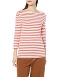 Amazon Essentials Women's Slim-Fit 3/4 Sleeve Solid Boat Neck T-Shirt, Coral Orange Off-White Stripes, L