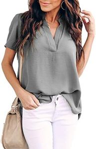 Allimy Women Summer Short Sleeve Tunic Tops Casual Chiffon Silk Blouses Plus Size Large Grey