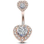 OUFER 316L Surgical Steel Double Heart Cubic Zirconia Belly Button Ring 14G (1.6mm) (18ct Rose Gold)