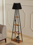 Hiftocraft Modern Floor Lamp with 4 Wooden Shelves, Iron Frame, LED Bulb Included - Stylish Standing Lamp for Living Room, Bedroom, Office & Home Décor (Black) (Design 1)