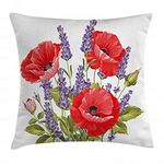 Ambesonne Lavender Throw Pillow Cushion Cover, Bunch of Lavender and Poppy Flowers Fresh Rustic Botanical Bouquet, Decorative Square Accent Pillow Case, 18 X 18 Inches, Red Violet Olive Green