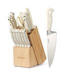 CAROTE 14 Pieces Knife Set with Wooden Block High Carbon Stainless Steel Knives Dishwasher Safe with Sharp Blade Ergonomic Handle Forged Triple Rivet-Pearl White