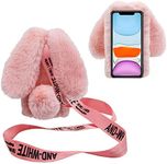 DasKAn 3D Bunny Ears Plush Case for iPhone 5 / 5S / SE 2016 with Crossbody Strap, Winter Warm Handmade Bling Diamond Soft Rabbit Fluffy Furry Fur Shockproof Protective Phone Cover, Light Pink