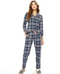 LOTIK Women's Cotton Checkered Printed Front-Open Full Sleeve Long Sleeve Pajama Nightsuit Set Blue, Small