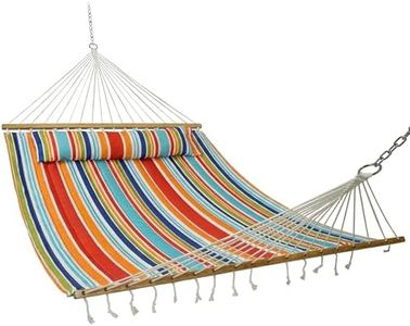 Sunnydaze Quilted Double Hammock for Outside with Spreader Bars and Pillow - 450 lb Capacity, 74x55 Inch Bed, UV Resistant, Quick Dry - Chains Included, Stand Sold Separately - Caribbean Stripe