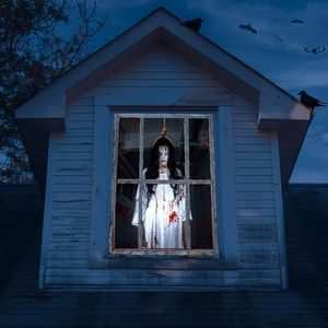 Halloween Window Cover Decorations - Scary Fabric Clings, Creepy Door Silhouette Curtain Poster for Indoor Outdoor Party Decor
