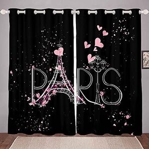 Paris Curtains for Bedroom Living Room Eiffel Tower Window Curtains Black Pink Girls Room Decor (30-50% Blackout Curtain) Romantic Window Drapes Kids French Window Treatments 52x90 Inches,2 Panels