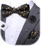 Dubulle Mens Bowtie and Lapel Pin Set Paisley Floral Pretied Bowtie with Pocket Square Cufflinks, Black Gold Novelty