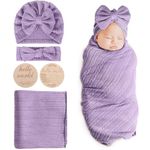 BQUBO Baby Swaddle Blankets for Girls, 4PCS Newborn Accessories Set with Matching Hat and Bow Headband with Hello World Wooden Birth Announcement Card, Baby Blankets for Girls (Purple)