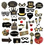 35Pieces 50th Birthday Photo Booth Props, Black Gold Birthday Party Decoration, Funny Happy Birthday Photo Background Posing Props, Birthday Party Supplies