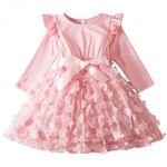 NNJXD Flower Girl Tulle Dress Elegant Princess Long Sleeves Party Winter Autumn Clothes 2111 Pink Size(130) 5-6 Years