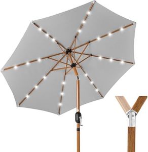Best Choice Products 10ft Solar Market Patio Umbrella w/Woodgrain Pattern Pole, LED Lights, Tilt & Crank – Outdoor Sun Shade for Backyard Table, Deck, Poolside – Fog Gray