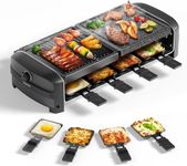 JOYAMI Raclette Grill, Electric Table Grill with Natural Grill Stone and Grill Plate, Raclette with Non-Stick Grill Plate and 8 Pans, Electric Grill for Grilling, Baking, Stainless Steel, 1500 W