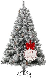 EVRE 6FT White Snow Flocked Artificial Christmas Tree 800 Tips Xmas Pine Red Berries Metal Stand Fir Spruce Green Large Tree 180cm Hinged Branches Realistic Easy Assembly Indoor Holiday Decorations