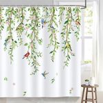 Bonhause Green Leaves Birds Shower Curtain Spring Hanging Vine Bathroom Curtain 180 x 180 cm Waterproof Mildew & Mould Resistant Polyester Fabric Bath Curtain with 12 Hooks