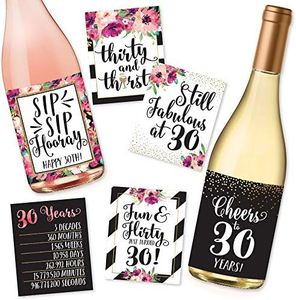 6 30th Birthday Wine Bottle Labels or Stickers Present, 1991 Dirty Thirsty Flirty Thirty Bday Gifts For Women, Cheers to 30 Years, Funny Pink Black Gold Party Decor Supplies For Wife, Girl Mom Friend