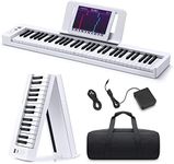 Donner 61-Key Folding Bluetooth Keyboard Piano for Beginners, Portable Piano Keyboard with Music Rest, Bag, Pedal, and App - White