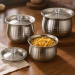 Expresso Stainless Steel Handi Set with Copper Bottom & Lid | 3-Piece Cookware & Serving Bowl Set (600ml, 1000ml, 1500ml) | Biryani, Milk & Cooking Pot | Design 3