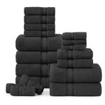 Luxury Bath Towels Set - 100% Cotton Bathroom Towels, Zero Twist, Quick Dry Shower Towels, Extra Aborbent Bath Towel, Super Soft, 6 Bath Towels, 6 Hand Towels, 6 Wash Cloths - Black (18 Pack)