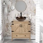 Puluomis 28 inch Bathroom Vanity, Modern Natural Color Wood Fixture Stand Pedestal Bathroom Cabinet with Bathroom Brown Glass Vessel Sink Top