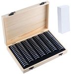 Kinsinder 100Pcs Wooden Coin Collection Box with Round Coin Capsules, Plastic Coin Capsules Organizer for Coin Collectors 18mm/20mm/23mm/25mm/27mm/30mm