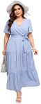 KOJOOIN Women Plus Size V Neck Wrap Maxi Dress High Waist Ruffle Short Sleeves Casual Summer Dress with Belt, Short Sleeve Blue White Dot, XX-Large