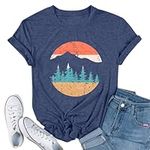 DUTUT Adventure T-Shirt Women Mountain Hiking Workout Shirt Sunrise Graphic Tees Casual Short Sleeve Camping Travel Tops Blue