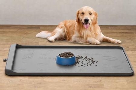 Dog Food Mat - Silicone Dog Mat for Food and Water - 36" x 24" Large Pet Feeding Mats with Residue Collection Pocket - Waterproof Dog Cat Bowl Mat with High Edges to Prevent Water Food Spills (Gray)