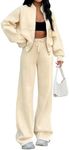 MEROKEETY Women's Fall 2 Piece Sweatsuits Set Long Sleeve Zip Up Sweatshirt Wide Leg Sweatpants Lounge Sets, Apricot, Large