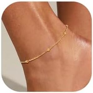 U7 Gold Chain Anklet for Women, 14k Gold Plated Round Ball Anklets, Adjustable Beaded Anklets for Women 8.5"