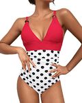 VECENEY One Piece Bathing Suit for Women Tummy Control Swimsuit Criss Cross Back O-Ring V Neck Ruched Swimwear Polka Dot L