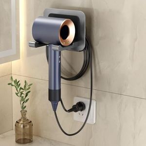Hair Dryer Holder Adhesive Wall Mount, Space-Saving Blow Dryer Holder, Space Aluminum Hair Dryer Stand with Hook for Bathroom, Blow Dryer Holder Wall Mounted, No Drilling Organizer (Black)
