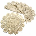 kilofly Handmade Crochet Round Cotton Lace Table Placemats Doilies Value Pack [Set of 4], Medallion, 9.8 x 9.6 inch, Beige