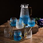 JustBrew® Glass Pitcher with Lid & 6 Cups | Stylish Tea Coffee Cup Set (275ml) with Carafe (1750ml) | Luxury Design Drinkware for Coffee, Milk, Water, Juice | Hot & Cold Beverage Serving Jug with Mugs