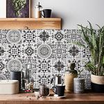 20pcs Grey Moroccan Tile Stickers, Kitchen Bathroom Wall Tile Stickers Peel and Stick on Tile Transfers Covers Decals Self Adhesive Vinyl Waterproof White Black Mosaic Art (15cm x 15cm, 6x6 inches)