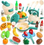 CUTE STONE 40PCS Kids Play Kitchen Accessories, Play Cooking Toys with Pots and Pans, Cutting Play Food Set and Cookware Utensils Kids Kitchen Playset for Boys Girls