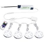 AIBOO LED Under Cabinet Lights Linkable Kit 12V Slim Aluminum Puck Lights with Wireless RF Remote Control & Hardwired Driver for Kitchen Lighting (4 Lights Day White)