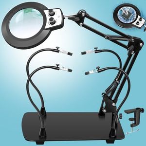 KUVRS 10X Soldering Magnifying Glass with Light, Any Color Modes Stepless Dimming Magnifying Lamp, 4-in-1 Flexible Helping Hands, Large Non-Slip Base Magnifier for Jewelry Repair Hobby