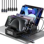 320W Charging Station for Multiple Devices, Zobirez 10-Port USB C Fast Charger Stations for MacBook, iPhone, Android Cell Phone, iPad, Tablet, Family Multi-Device Organizer Charging Dock, Black