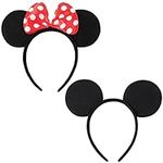 HD Novelty 2 Pieces Black Mickey Mouse Ears & Minnie Mouse Ears on Alice Band with Red and White Polkadot Spotted Bow for Adults/Children Fancy Dress Costume Head Band Accessory Party Decoration Gift