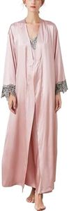 Womens Satin Robe Nightgown Set Long Silk Slip Dress Silk Chemise Lingerie Deep V Sexy Nightgowns Sleeveless Elegant Sleep Dress Spaghetti Strap Nighty and Bathrobe Set Pink M