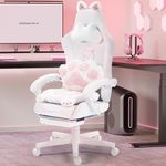 Dowinx Gaming Chair Cute with Cat Ears and Paw Lumbar, Ergonomic Computer Chair for Girl with Footrest and Headrest, Comfortable Reclining Game Chair 290lbs for Adult, Teen, White