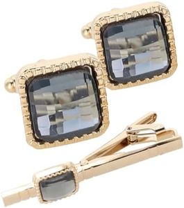 Vittorio Vico Square Colored Crystal Cufflinks & Tie Bar Set Charcoal/Gold (CS 057G)
